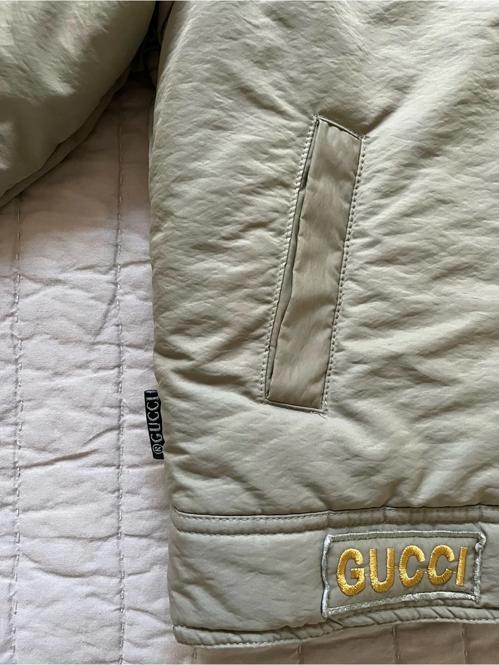 Gucci Light Khaki Embroidered Logo Bomber Jacket with Gold Accents